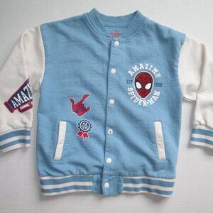 Marvel Spiderman Varsity Bomber Jacket Boys Sz 6 Graphic Print Blue White